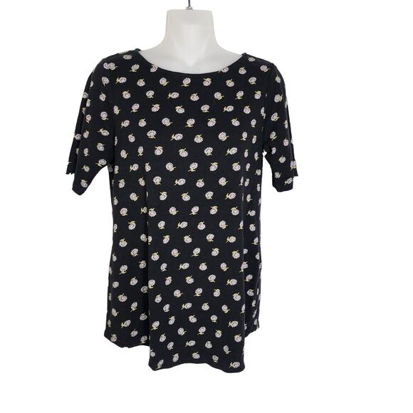 J Jill Womens Pima Shirttail Tee Sz S Petite Top Black Daisy Floral Short Sleeve - Picture 1 of 10